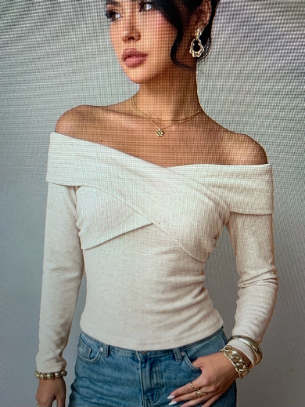 Off-Shoulder Wrap Front Long Sleeve Sweater Top - Cream - Picture 2 of 5